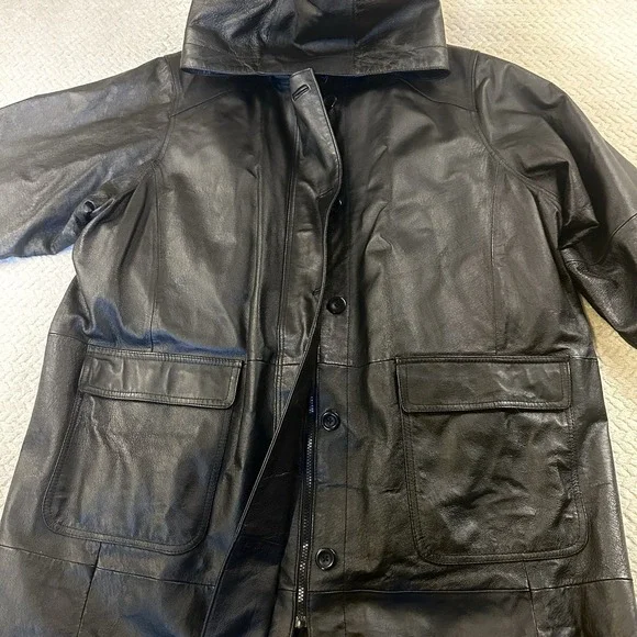 Black Leather Trench Coat 3XL 90s Goth Biker Duster Hooded Fantasy Matrix Neo - Picture 14 of 16